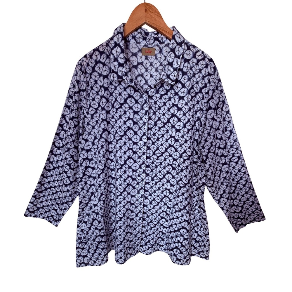 Tulip Blue White Cotton Batik Tie Dye Button Down Shirt Pockets Lagenlook Large
